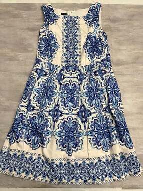 Talbots Petites Mediterranean Tile Print Sleeveless Fit & Flare Dress Size 12P